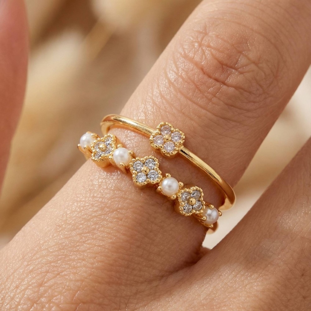 Pearl Cz Clovers Layered Open Band Ring