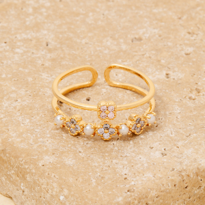 Pearl Cz Clovers Layered Open Band Ring