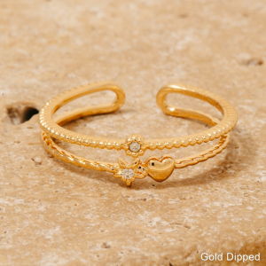 Gold Dipped Cz Heart And Star Layered Open Band Ring