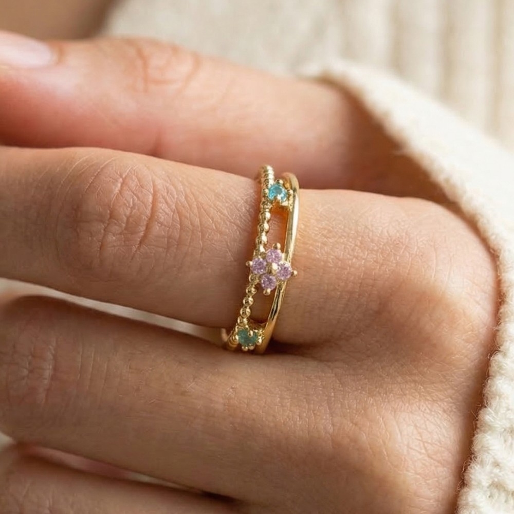 Gold Dipped Cz Flowers Layered Open Band Ring