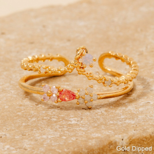 Gold Dipped Cz Flowers Crown Layered Open Band Ring