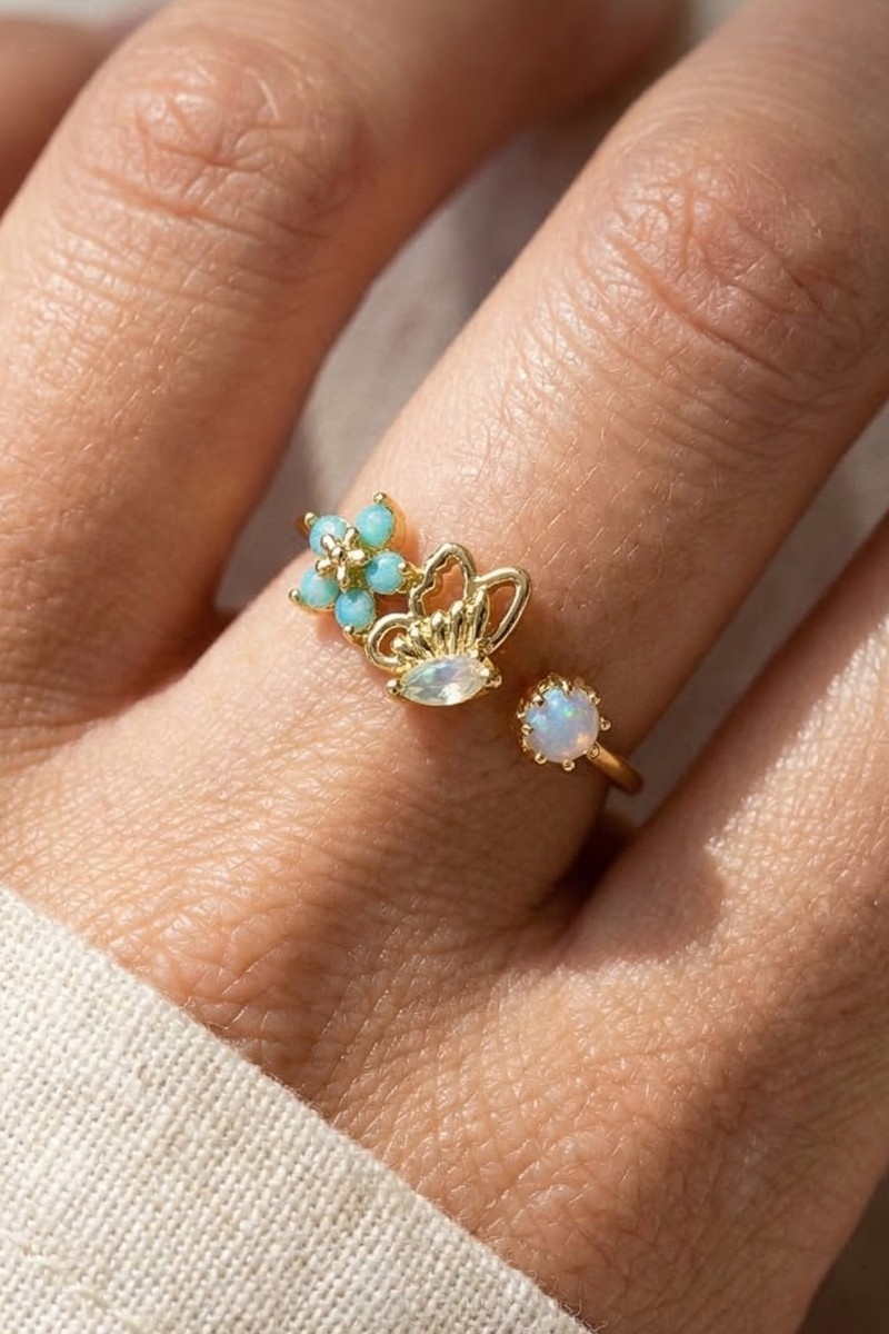 Gold Dipped Cz Butterfly And Flower Open Band Ring