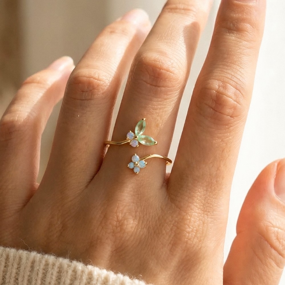 Gold Dipped Cz Butterfly And Flower Band Open Ring