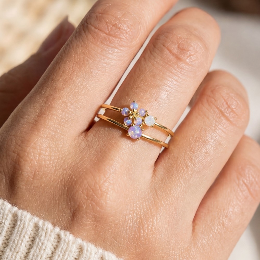 Gold Dipped Cz Flowers Layered Open Band Ring