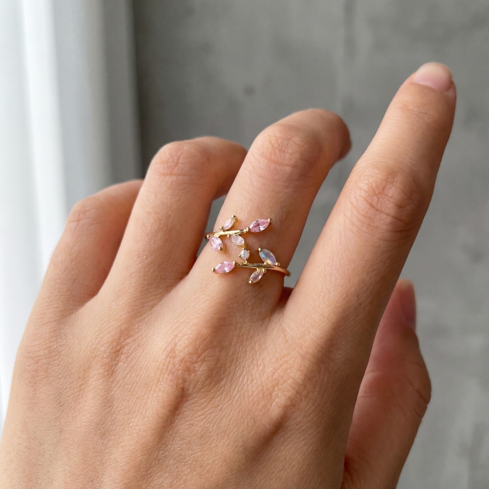 Gold Dipped Mixed Cz Leaves Open Band Ring