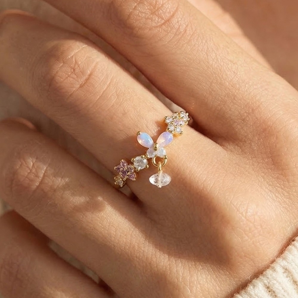 Gold Dipped Cz Flowers And Butterfly Open Band Ring