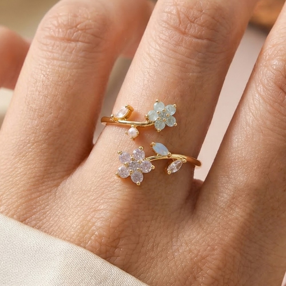 Gold Dipped Cz Floral Open Band Ring