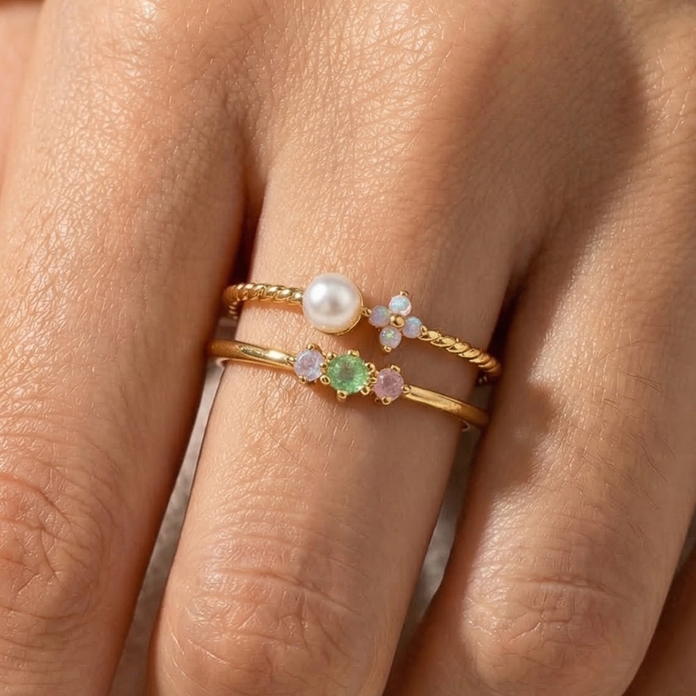 Gold Dipped Double Row Pearl Flower Ring