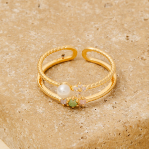 Gold Dipped Double Row Pearl Flower Ring