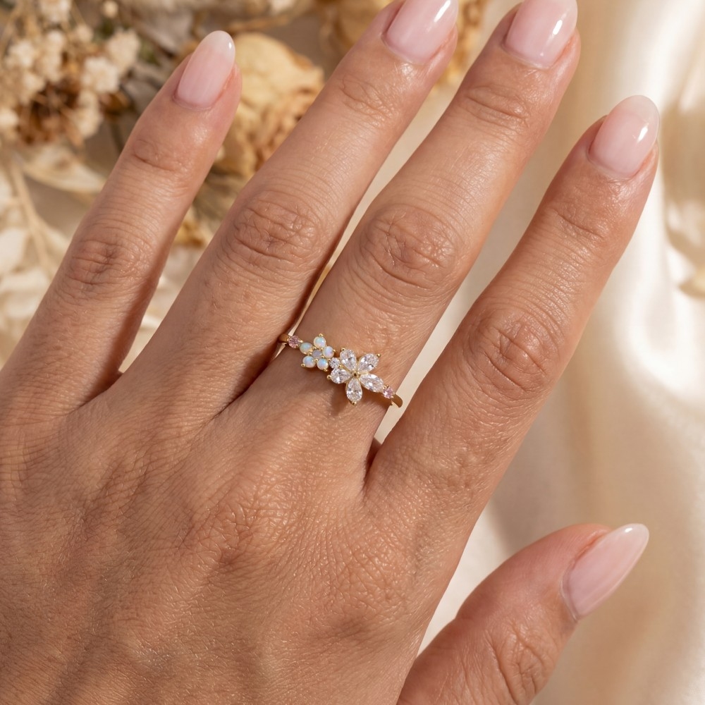 Gold Dipped Cz Flower Ring