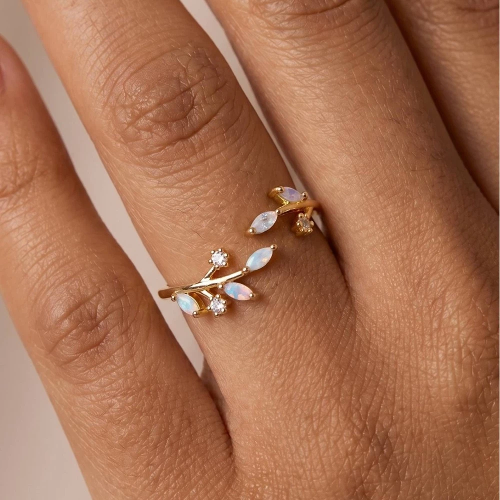 Gold Dipped Cz Leaf Branch Ring