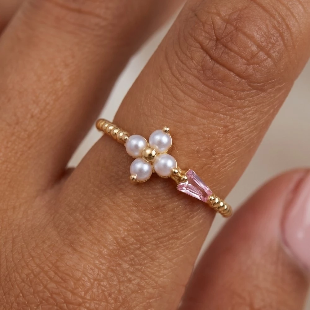 Gold Dipped Pearl Flower Cz Ring