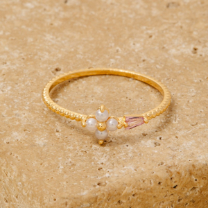 Gold Dipped Pearl Flower Cz Ring