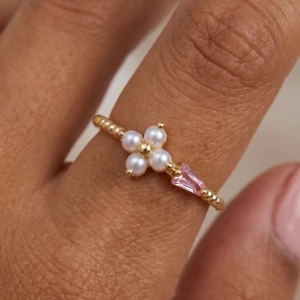 Gold Dipped Pearl Flower Cz Ring