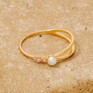 Gold Dipped Pearl Cz Ornate Ring