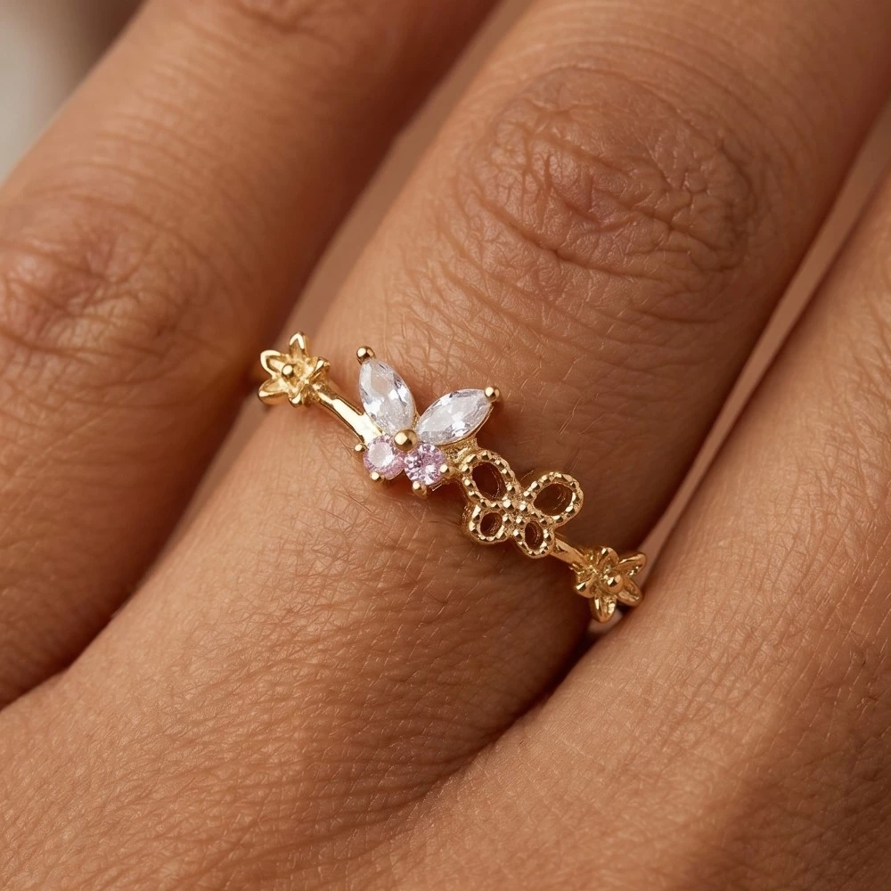 Gold Dipped Cz Butterfly Flower Ring