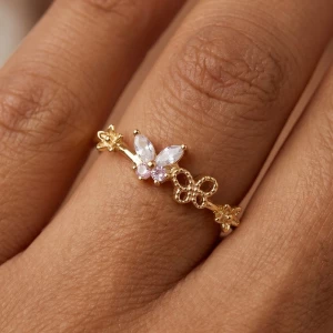 Gold Dipped Cz Butterfly Flower Ring
