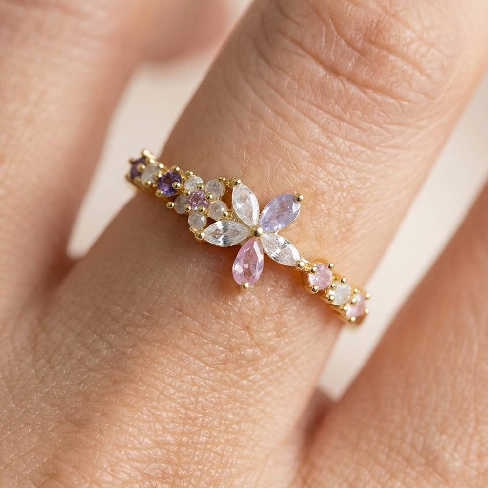 Gold Dipped Cz Flowers Band Ring