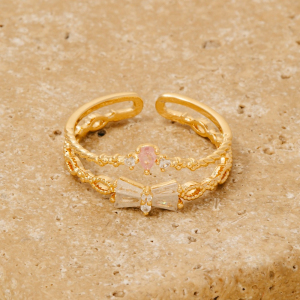 Gold Dipped Double Row Cz Ribbon Bow Ring