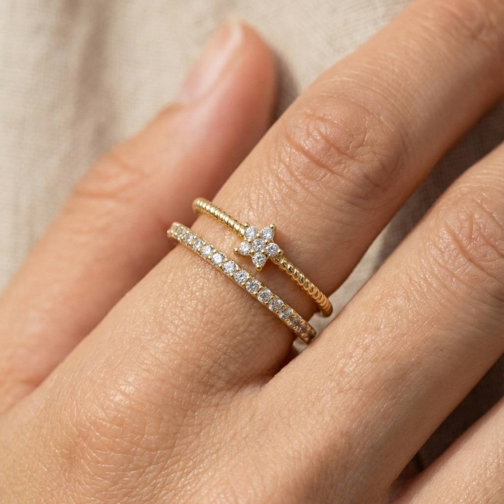 Gold Dipped Cz Pave Row And Star Open Band Ring