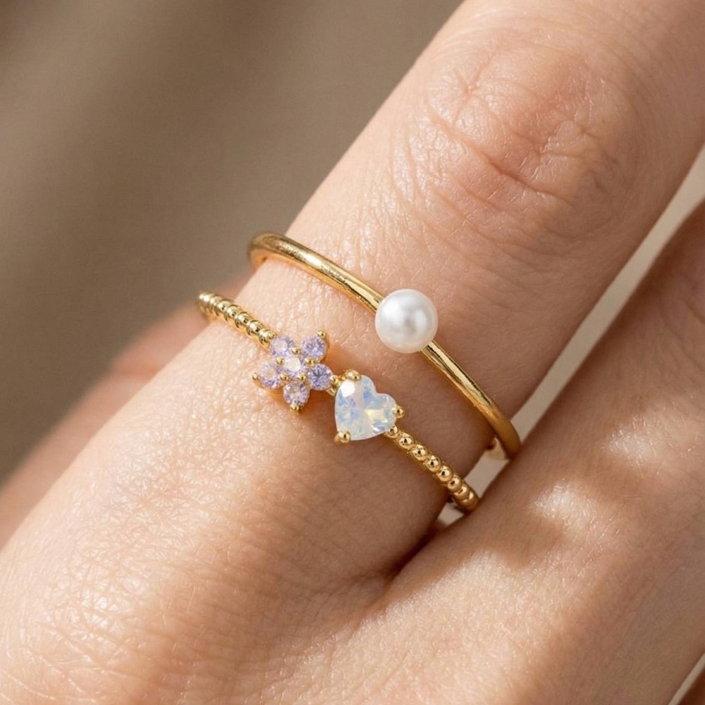 Gold Dipped Two Row Cz Flower Heart Pearl Ring