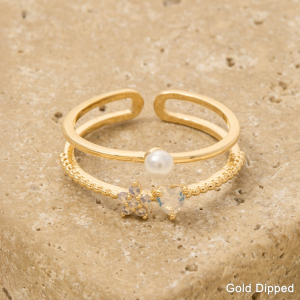 Gold Dipped Two Row Cz Flower Heart Pearl Ring