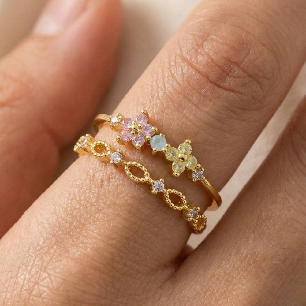 Two Row Cz Flower Gold Dipped Ring