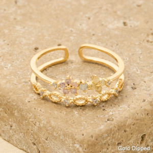 Two Row Cz Flower Gold Dipped Ring