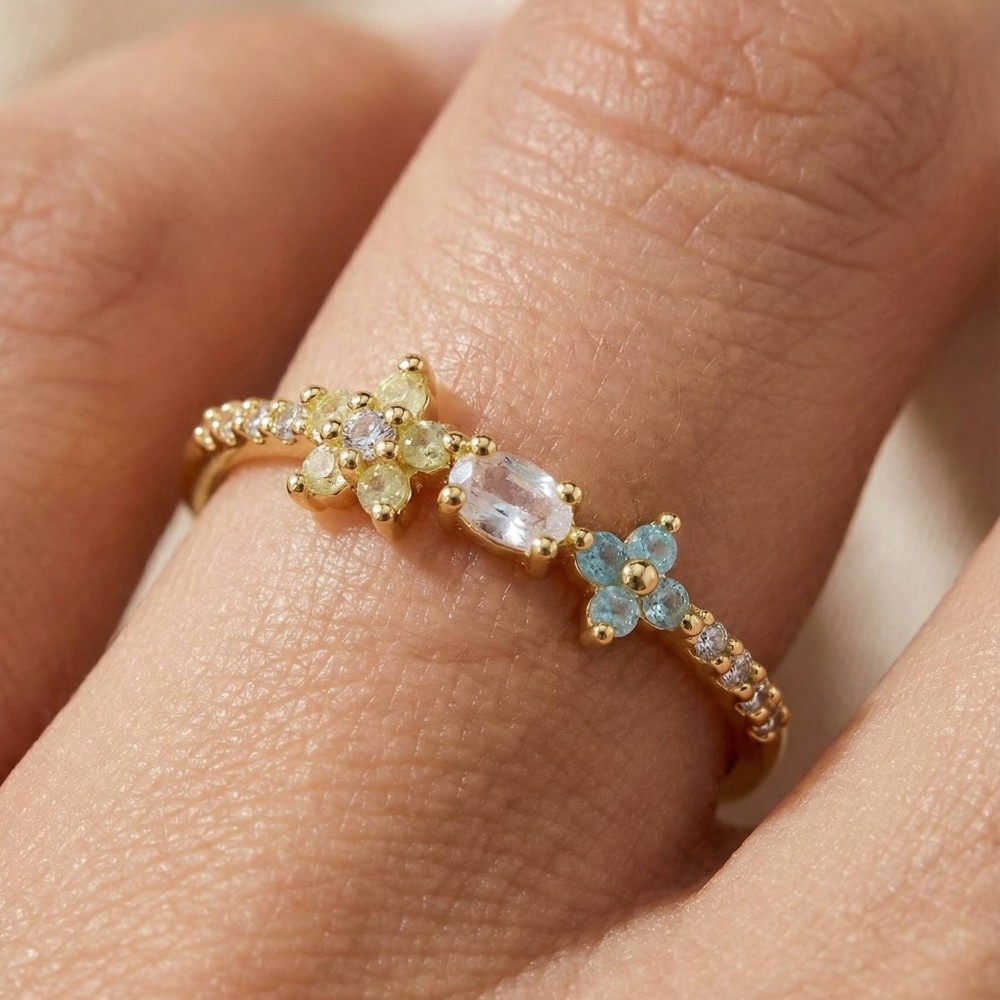 Gold Dipped Cz Flower Studded Ring