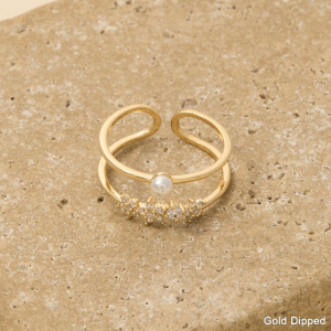 Two Row Gold Dipped Cz Flower Pearl Ring