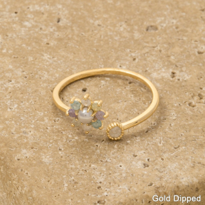 Gold Dipped Cz Pearl Flower Open Ring
