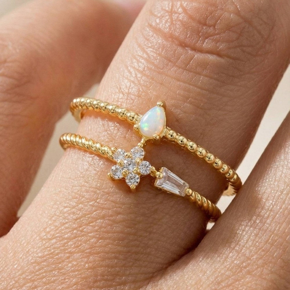 Double Row Gold Dipped Cz Flower Opal Ring