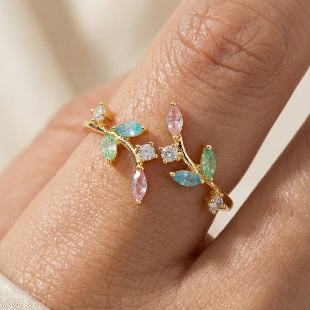 Gold Dipped Cz Leaf Wrap Ring