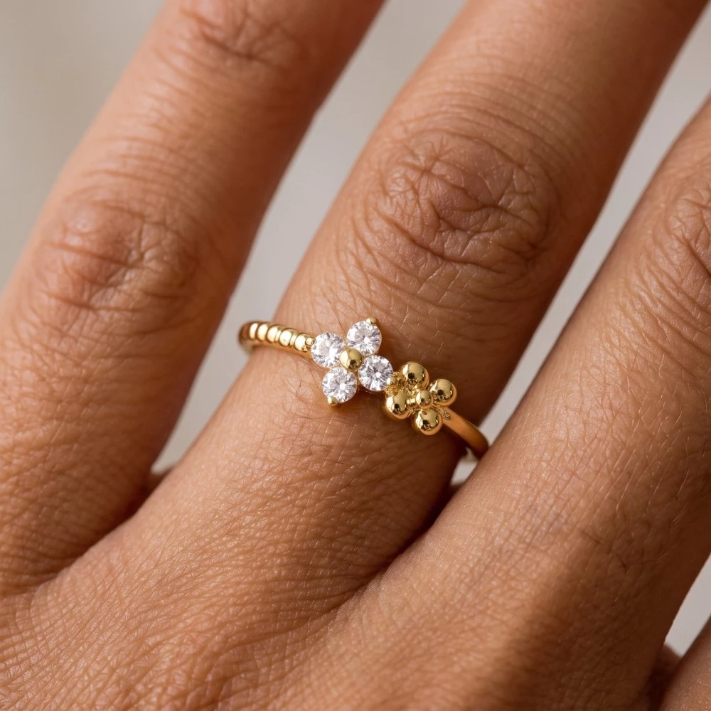 Gold Dipped Floral Cz Ring