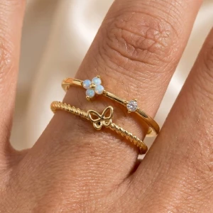 Double Row Gold Dipped Cz Floral Butterfly Ring