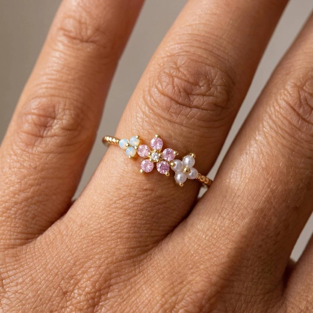 Delicate Gold Dipped Cz Floral Ring