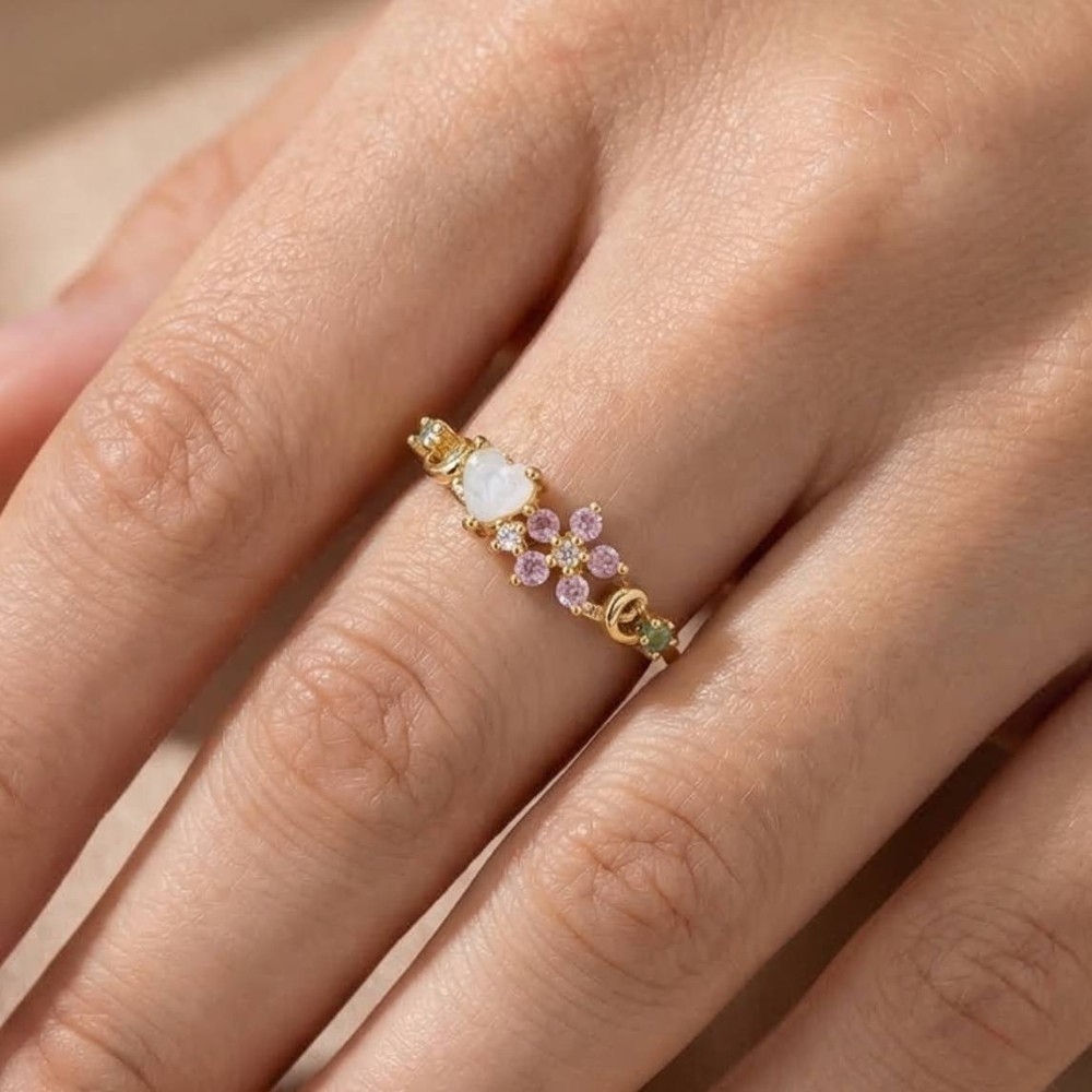Gold Dipped Flower Heart Cz Ring