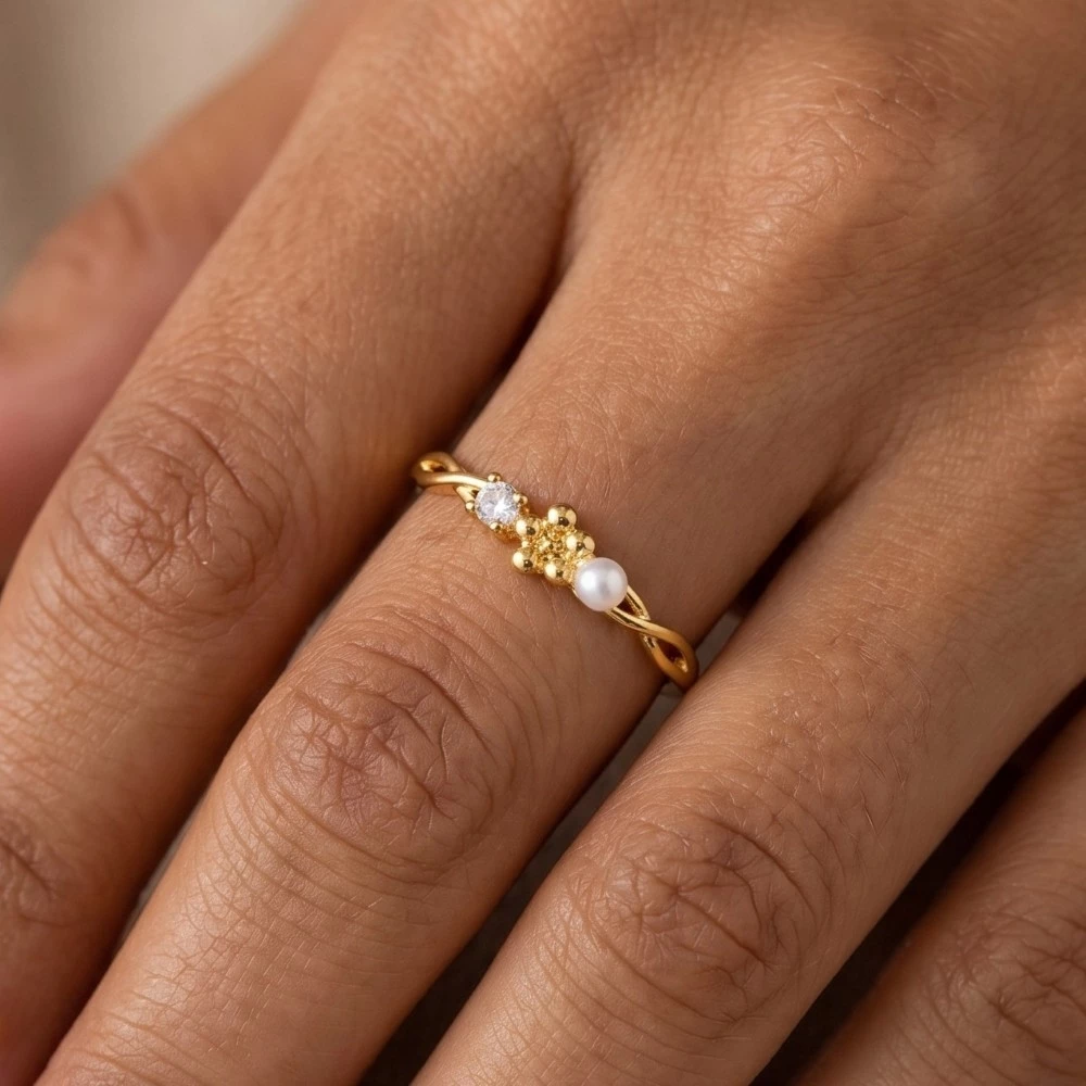 Gold Dipped Cz Pearl Flower Ring
