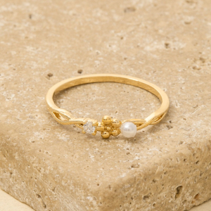 Gold Dipped Cz Pearl Flower Ring