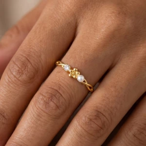 Gold Dipped Cz Pearl Flower Ring