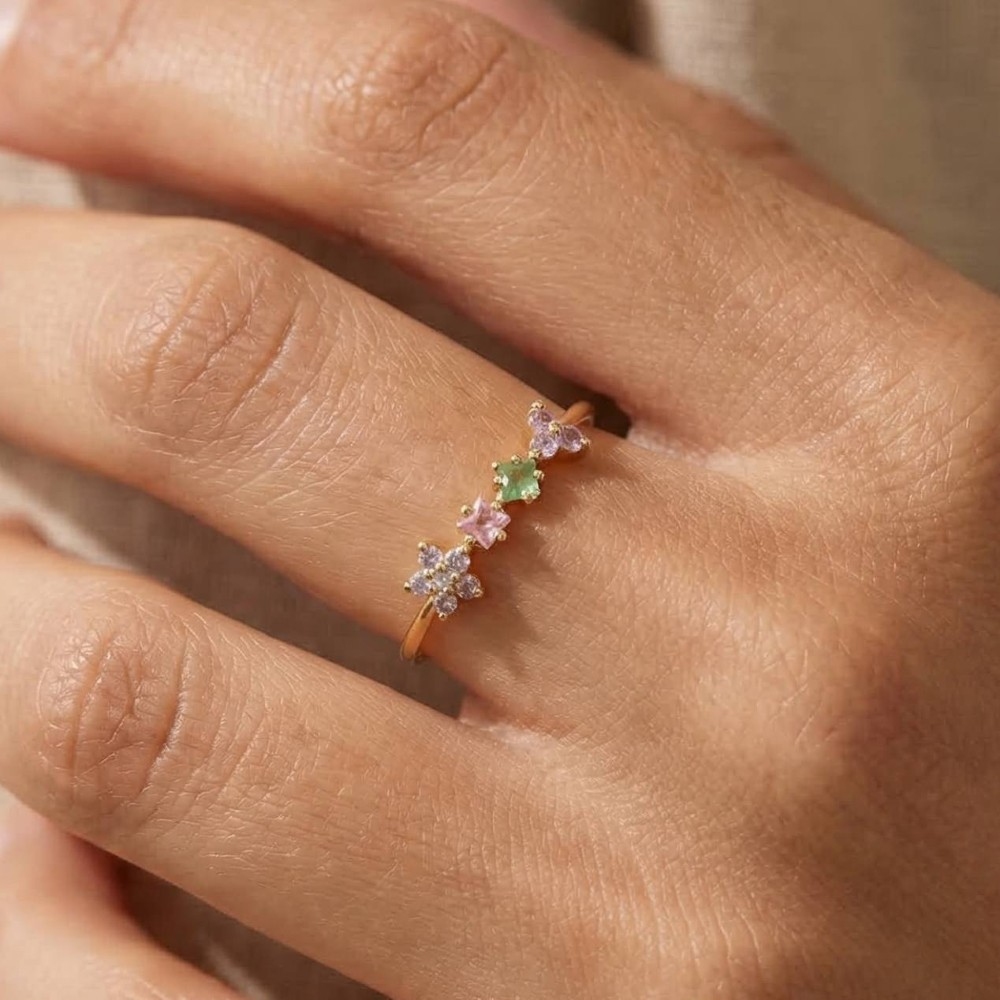 Gold Dipped Assorted Cz Flower Ring