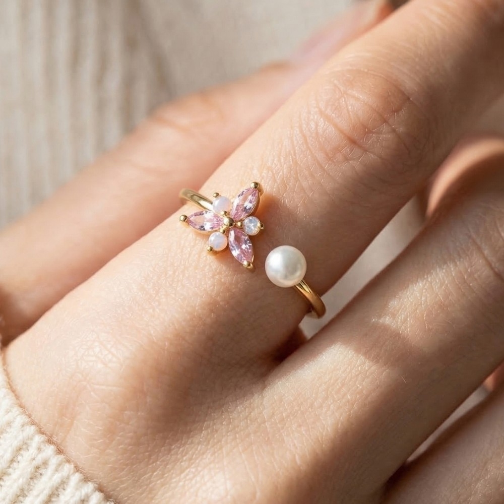 Gold Dipped Cz Flower Pearl Open Ring