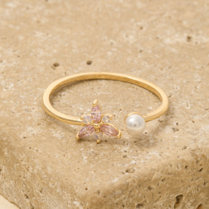 Gold Dipped Cz Flower Pearl Open Ring