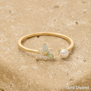 Gold Dipped Cz Flower Pearl Open Ring