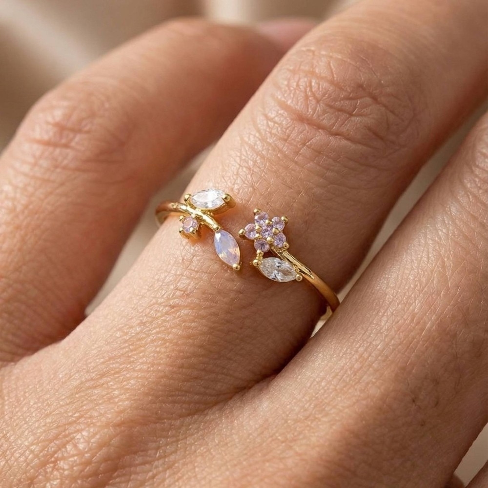 Gold Dipped Flower Leaf Open Ring