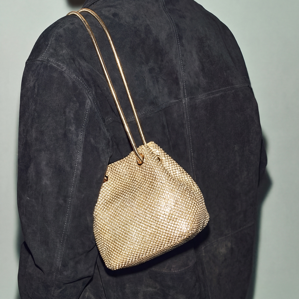 Rhinestone Mesh Bucket Shoulder Bag