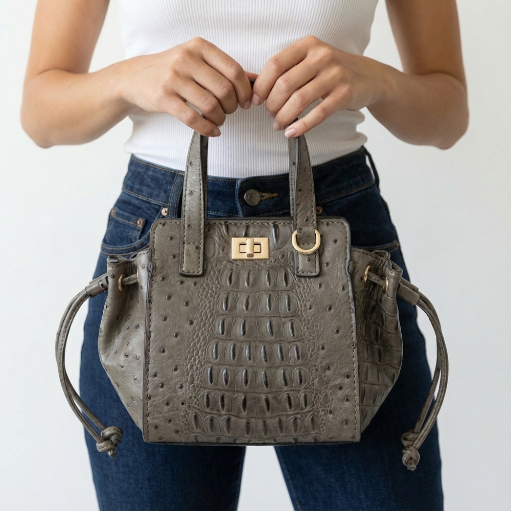 Drawstring Leather Hand Bag