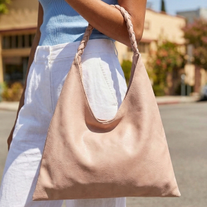 Faux Leather Braided Handle Baggy Hobo Shoulder Bag