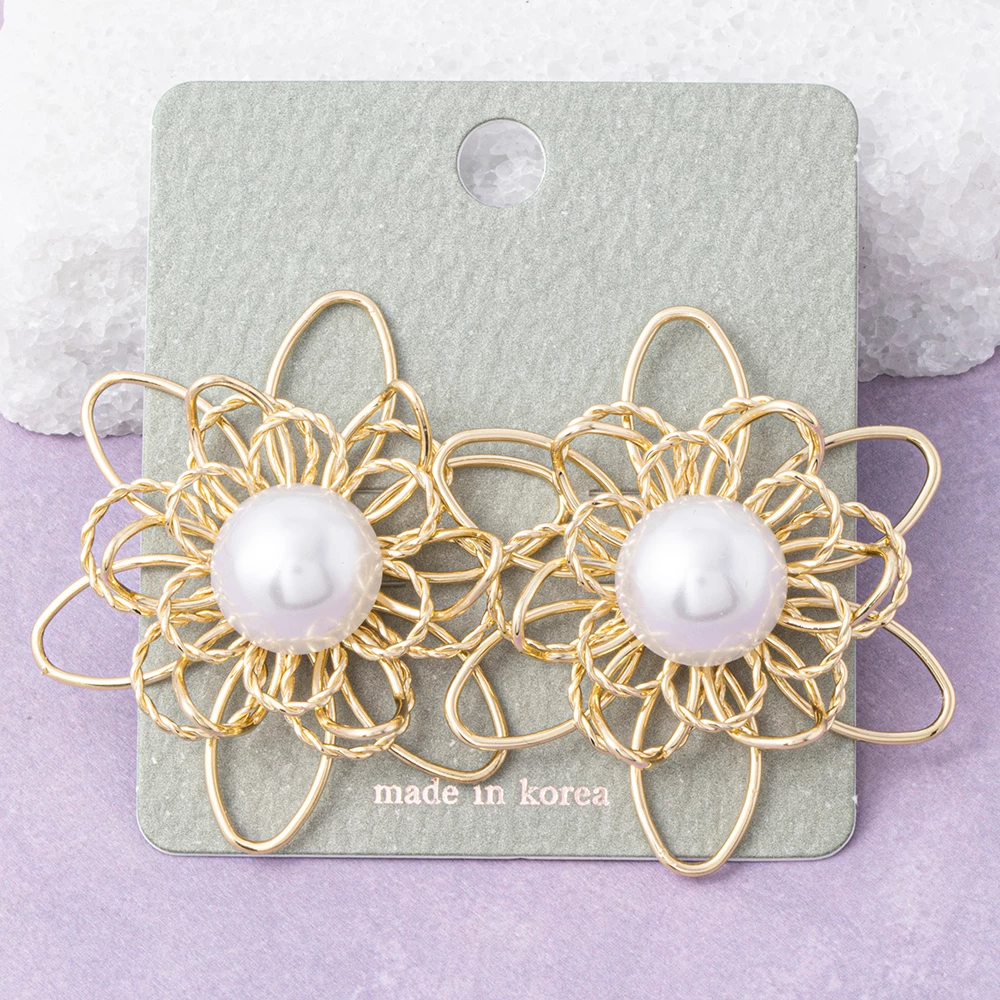 Oversized Wire Wrapped Flower Pearl Stud Earrings