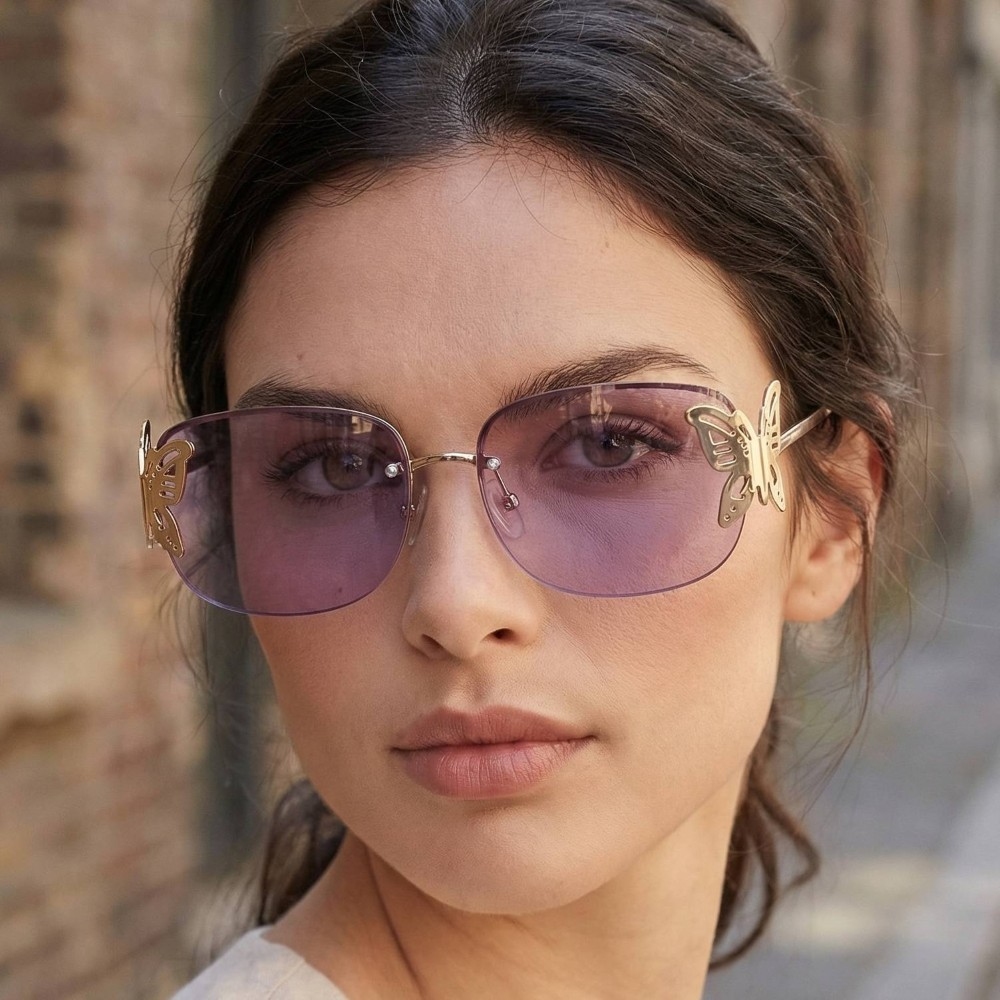 Butterfly Accent Frameless Rectangle Sunglasses Set